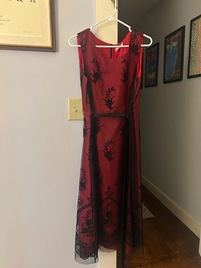 Coldwater Creek Red Midi Dress with Black Embroidered Overlay